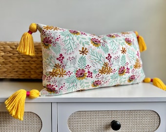 Cheerful Wildflower Pillow Cover - Modern Floral Pillow- Pink Yellow White Pillow - Tassel Pillow Cover