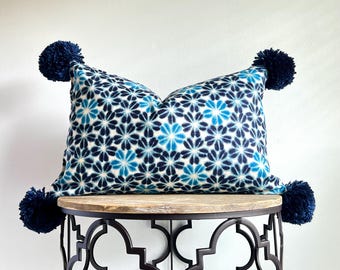 Shibori Flower Print Pom Pom Pillow Cover, Indigo Blue Pillow Cover, Navy Blue & White Pillow Cover