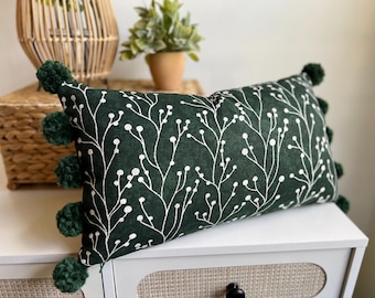 Forest Green White Botanical Lumbar Pillow Cover, Dark Green Pom Pom Pillow