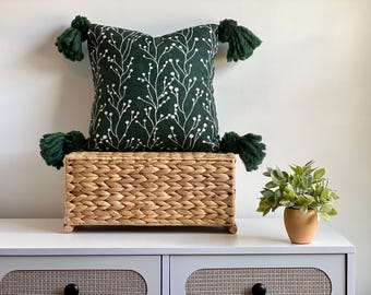 Forest Green White Botanical Pillow Cover With Tassels, Dark Green Square Pillow Cover