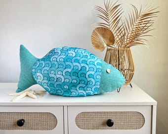 Fish Shaped Pillow - Turquoise Wave Pattern Pillow - Coastal Decor - Mermaid Theme