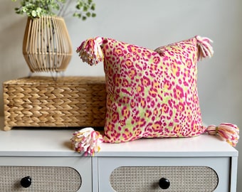 Pink Leopard Print Pillow Cover - Animal Print Tassel Pillow - Pink & Green Decor