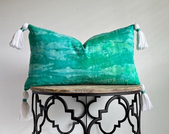 Teal Green & White Batik Tassel Pillow Cover, Tropical Pillow Cover