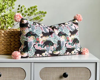 Cute Cat Pillow Cover - Cat Lover Gift - Black Cats - Pom Poms - Black Velvet Pillow