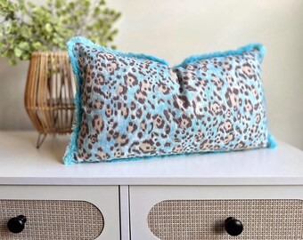 Turquoise Leopard Print Lumbar Pillow Cover, Blue Animal Print Pillow Cover, Boho Chic Cushion Cover, Fringe Trim, Modern Eclectic Decor