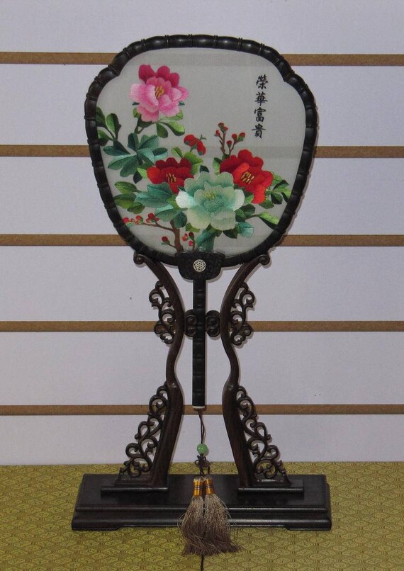 Chinese Double Sided Hand Embroidery Art Peonies Palace Fan Etsy
