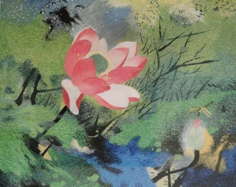 Lotus Chinese Suzhou handmade silk embroidery art painting wall decor