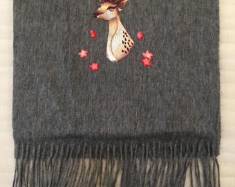 Hand embroidered  Deer Cashmere scarf shawl wrap 35cm x 185cm Unique gift Suzhou Embroidery