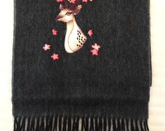 Hand embroidered  Deer Cashmere scarf shawl wrap 35cm x 185cm Unique gift Suzhou Embroidery