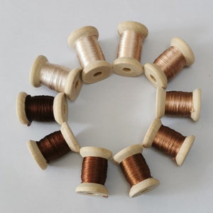 May include: A collection of wooden spools filled with metallic thread in various shades of brown and gold. The spools are arranged in a circular pattern, showcasing the different colors and textures of the thread. Ideal for crafting and sewing projects.