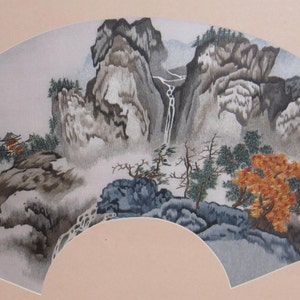 Fan-shaped Landscape Chinese Suzhou handmade lotus silk embroidery art painting wall decor