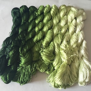 Puede incluir: Colección de hilos de seda verdes en diferentes tonos, desde verde oscuro a chartreuse claro. Los hilos están enrollados en madejas, mostrando una textura suave y brillante. Ideal para bordado, punto de aguja u otras manualidades textiles.