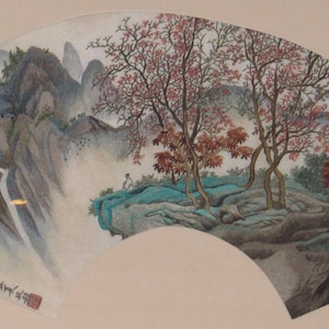 Fan-shaped Landscape Chinese Suzhou handmade lotus silk embroidery painting wall decor