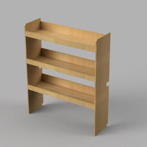 May include: A light-coloured wooden shelving unit with three shelves. The shelves are evenly spaced and supported by side panels. The unit has a simple, functional design, suitable for storage or display.