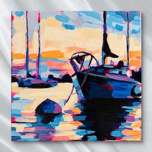 Sailboats at Sunset | Acrylic Painting on 8x8 Stretched Canvas