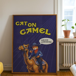 Vintage Cigarette Ad Poster Retro Cowboy Cat on Camel Smoking Print Funny Cat Printable Wall Art Vintage Tobacco Poster Cat Lover Gift