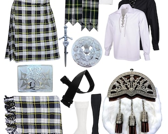 Skotskt herrset med 10 delar tartankilt, traditionellt höglandsbröllop, tistelkilt, finns i 45+ klan-tartaner