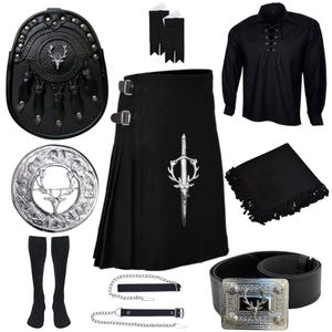 Traje de kilt con cabeza de ciervo para hombre escocés, traje de kilt de tartán negro, conjunto de kilt de boda tradicional de las Tierras Altas para hombre, disponible en más de 50 tartanes de clan.
