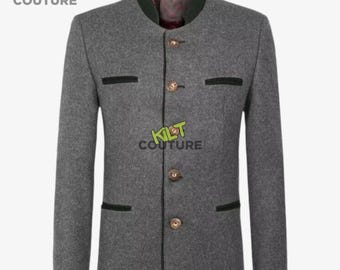 Giacca bavarese tedesca per l'Oktoberfest, giacca bavarese in lana grigia personalizzata da uomo in stile tirolese Loden Trachten per l'Oktoberfest