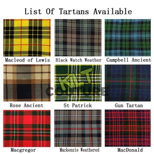 May include: A list of nine different tartan patterns, each with a name below it. The tartans include MacLeod of Lewis, Black Watch Weather, Campbell Ancient, Rose Ancient, St Patrick, Gun Tartan, MacGregor, Mackenzie Weathered, and MacDonald.