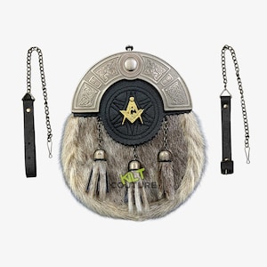 Schottischer Freimaurer Golden Badge Kilt Sporran für Herren mit 3 Quasten Celtic Cantle & Sporran Kettengürtel