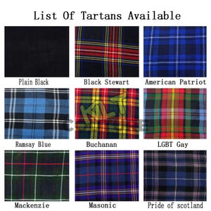 May include: A collage of nine different tartan patterns, including plain black, black Stewart, American Patriot, Ramsay Blue, Buchanan, LGBT Gay, Mackenzie, Masonic, and Pride of Scotland.