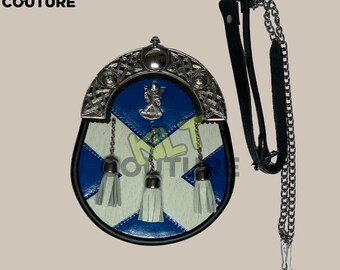 Scotland Flag Leather Kilt Sporran With ST. Andrew Badge & Sporran Chain Belt