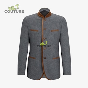 Men&#39;s Oktoberfest Tyrol Loden Trachten - German Bavarian Jacket Grey Wool Jacket - Brown Standup Collar Jacket For Oktoberfest