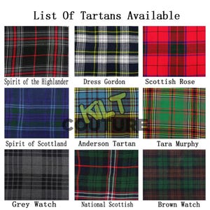 May include: A collage of nine different tartan patterns, each with a name below it. The tartans include Spirit of the Highlander, Dress Gordon, Scottish Rose, Spirit of Scotland, Anderson Tartan, Tara Murphy, Grey Watch, National Scottish, and Brown Watch.