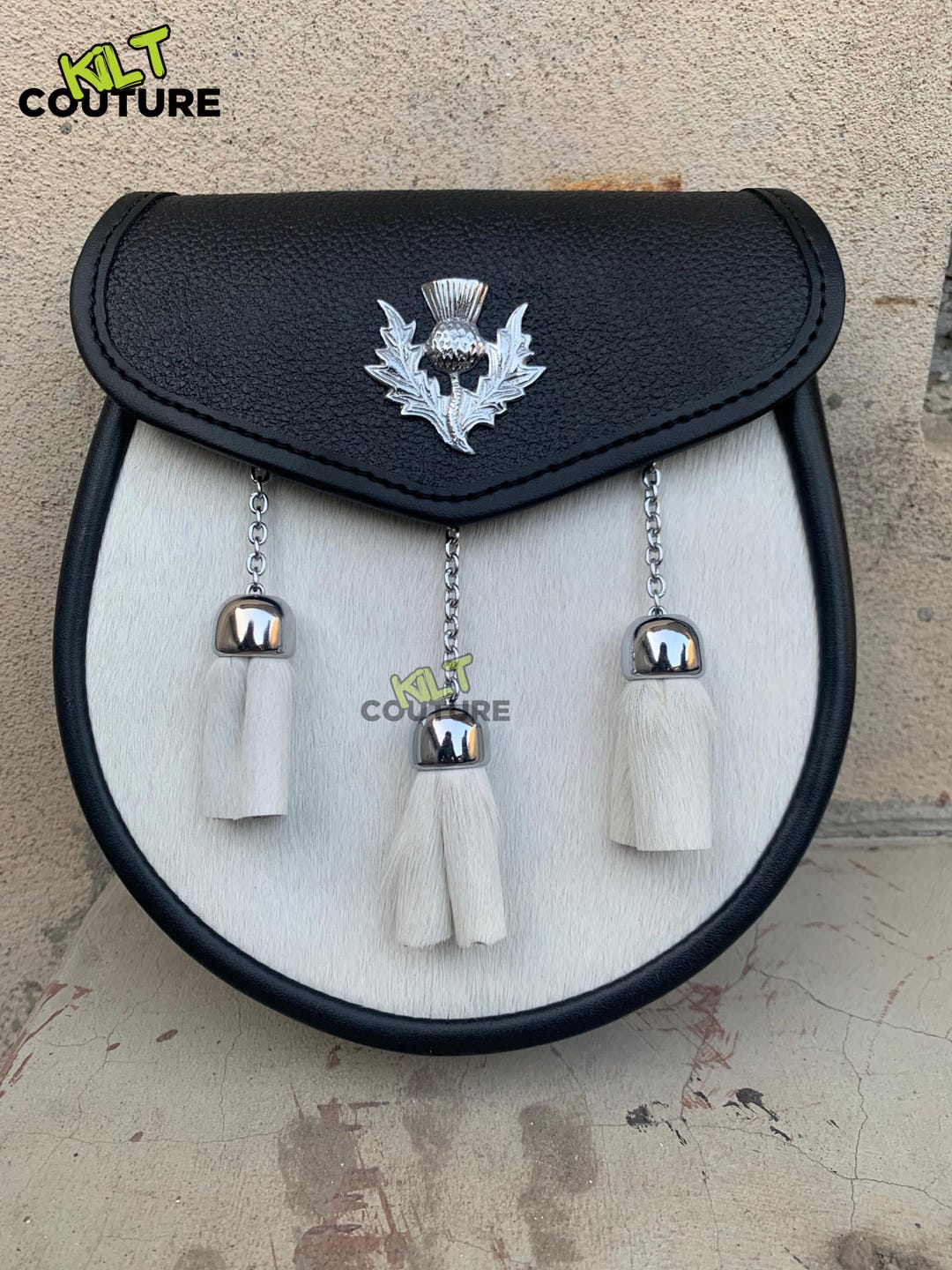 Semi Dress Sealskin Sporran 3 Tassels Thistle Badge With Chain Belt
