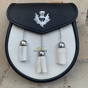 Scottish Semi Dress Sporran Thistle Badge White Fur Black Leather Kilt Sporran With Sporran Chain Belt