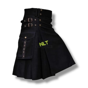 May include: Black kilt with a pleated design, featuring two buckle closures, decorative buttons, and a pocket with rivet details. The kilt has the text "KILT COUTURE" printed on it.