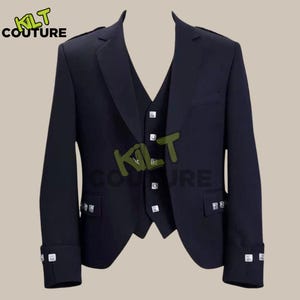 Schottische Herren Black Argyll Kilt Jacke & 5 Knopf Weste Highland Hochzeit Kilt Jacke Weste
