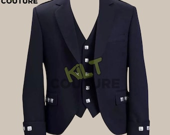 Scottish Men's Black Argyll Kilt Jacket & 5 Button Vest Highland Wedding Kilt Jacket Vest