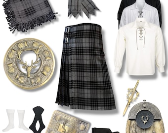 Men's Antique Stag Head Kilt Set 10 Pieces Scottish Wedding Kilt Outfit Available in 45+ Clan Tartans