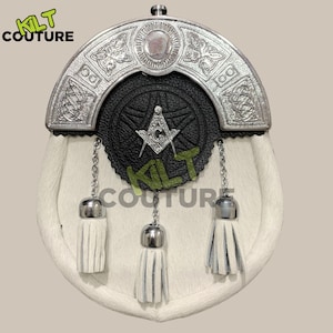 Scottish Men&#39;s Masonic Badge Sporran Full Dress White Sporran With 3 Tassels & Sporran Chain Belt