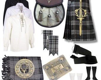 Sotish Herren 10-teiliger Kilt Outfit - Antikes Hirschkopf Outfit - Ghillie Shirt, Gürtel, Kilt, Zubehör - Erhältlich in mehr als 50 Clan Tartans