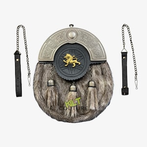 Schottischer Herren Kilt Sporran Rampant Lon mit Golden Badge Kilt Verschluss und 3 Quasten