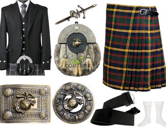 USMC Tartan Kilt Set | Scottish Argyll Jacket Vest Kilt Outfit | Traditional USMC Men's Wedding Tartan Kilt Outfit Available in 45+ Tartan