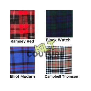 May include: Four different plaid patterns, each with a name below: Ramsey Red, Black Watch, Elliot Modern, and Campbell Thomson.