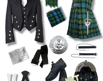 Scottish Men's Prince Charlie Kilt Outfit 12 Pieces Traditional Kilt Set Available in 40+ Clan Tartans