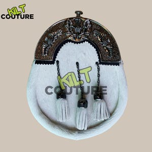 Scottish Full Dress White Kilt Sporran Antique Thistle Cantle 3 Tassels Sporran With Sporran Chain