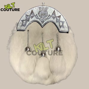 Scottish Men&#39;s White Fur Thistle Cantle Sporran Wedding Kilt Sporran With Sporran Chain Belt