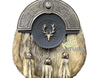 Skotska män Antique Stag Head Kilt Sporran 3 tofsar Sporran Med Kedja