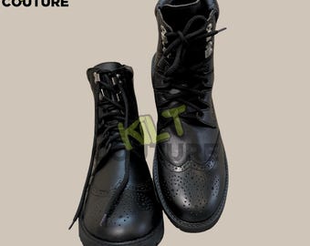 Scottish Men's Kilt Boots Handmade Black Leather Ghilie Brogue Shoes