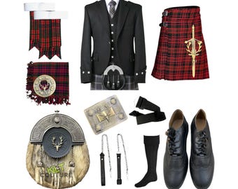 Scottish 12 Pieces Kilt Set With Argyle Jacket Vest Men's Stage Head Kilt Outfit Wedding tartan Kilt Set Available in 45+ Clan Tartans