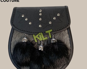 May include: A black leather sporran with a gray fur flap and three black fur tassels. The sporran has a silver metal buckle and is decorated with silver studs.