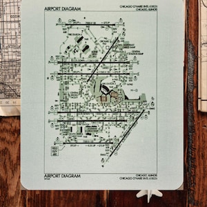 May include: A vintage-style airport diagram for Chicago O'Hare International Airport, with runways, taxiways, and facilities. The diagram is on a light green background, with a wooden background. Includes airplane stickers and a model airplane.
