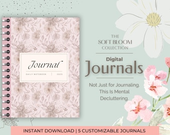 Digitalt anteckningsblock med mjuka blommor | 5 hyperlänkade anteckningsböcker | Blommig estetisk journal i mjuka färger | Anteckningsplanerare för anteckningsappar