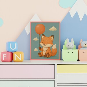 Zorro con globo / Póster infantil de animales del bosque / Descarga de arte mural digital A3 y A4